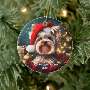 Mooie Yorkshire Terrier met Santa Hat Keramisch Ornament