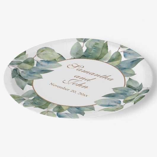 Mooie zacht groene blauwgroen bladeren gouden kall papieren bordje (Gekanteld)