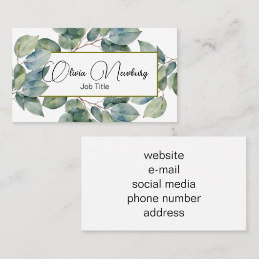 Mooie zacht groene blauwgroen botanische kalligraf visitekaartje (Voorkant / Achterkant)