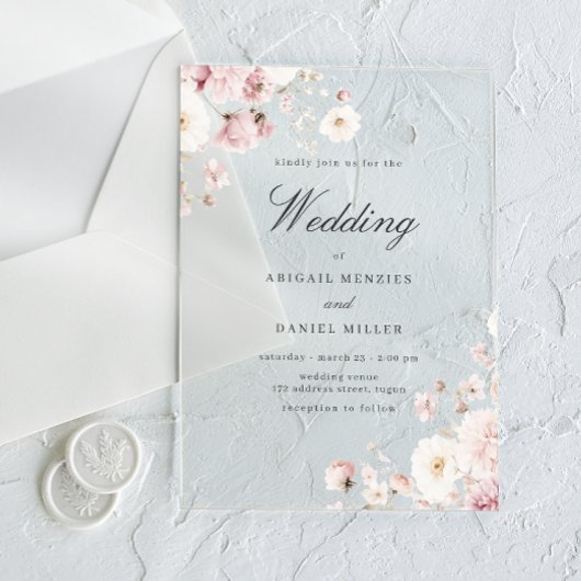 Mooie zachte blos bloemenbruiloft acryl uitnodigingen