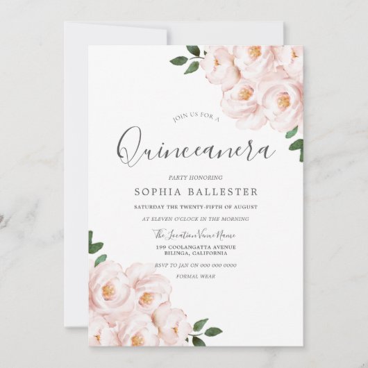 Mooie, zachte, lichtroze bloemen Quinceanera Kaart (Voorkant)