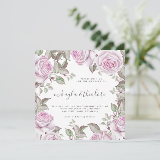 Mooie Zachte Paarse Waterverf Rozen Bruiloft Kaart (Staand voorkant)