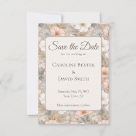 Mooie zachte roze witte en blauwe bloemen op grijs save the date