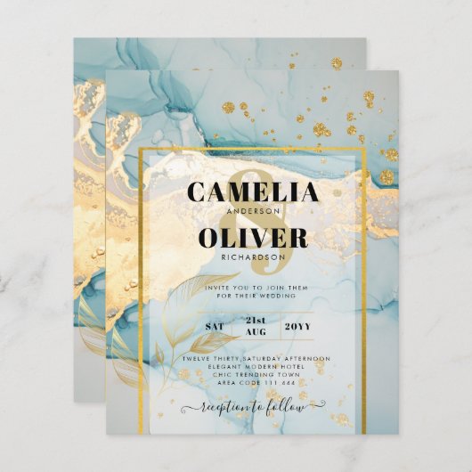 Mooie Zee Glas Gouden Trouw Uitnodiging Turquoise (Voorkant / Achterkant)