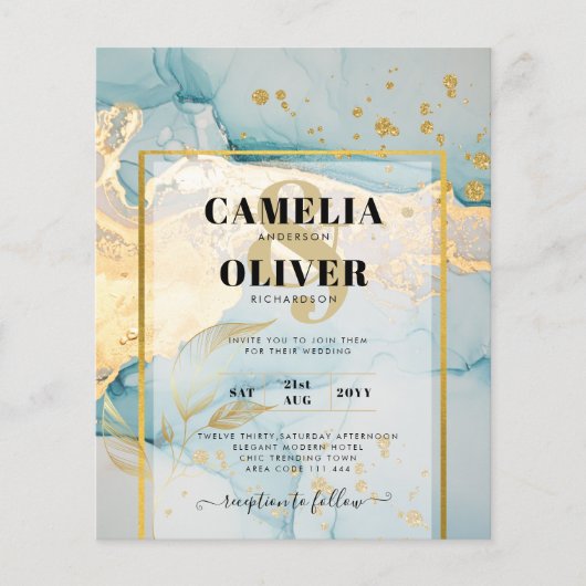 Mooie Zee Glas Gouden Trouw Uitnodiging Turquoise (Voorkant)