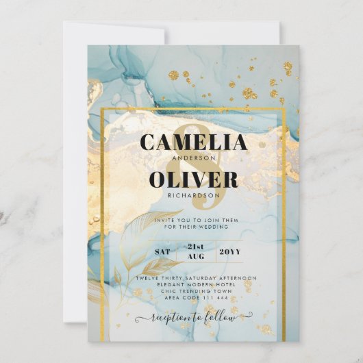 Mooie Zee Glas Gouden Trouw Uitnodiging Turquoise (Voorkant)
