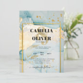 Mooie Zee Glas Gouden Trouw Uitnodiging Turquoise (Staand voorkant)