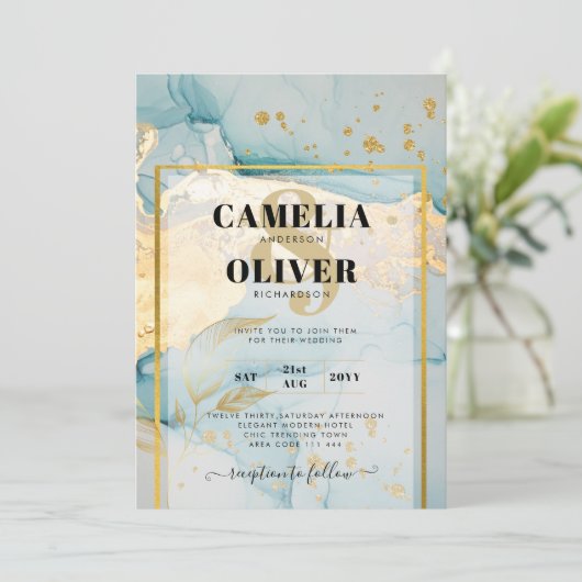 Mooie Zee Glas Gouden Trouw Uitnodiging Turquoise (Staand voorkant)