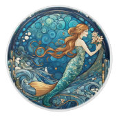 Mooie Zeemeermin Art Nouveau Art Deco Stijl Blauw Keramische Knop (Voorkant)