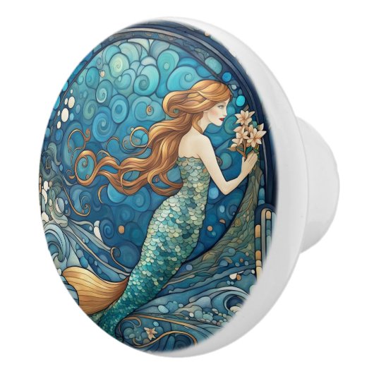 Mooie Zeemeermin Art Nouveau Art Deco Stijl Blauw Keramische Knop (Rechts)