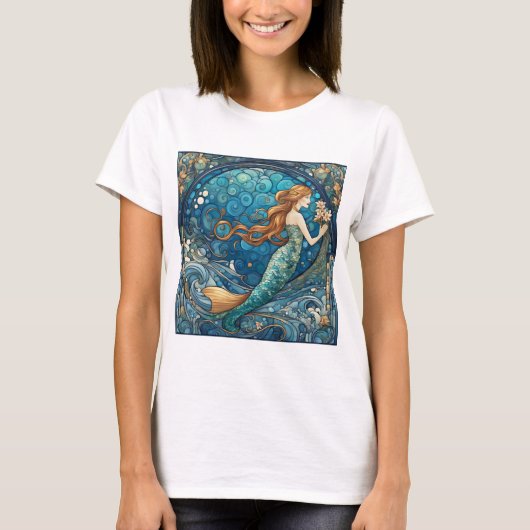 Mooie Zeemeermin Art Nouveau Art Deco Stijl Blauw T-shirt (Voorkant)