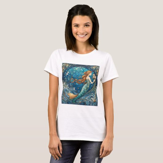 Mooie Zeemeermin Art Nouveau Art Deco Stijl Blauw T-shirt (Voorkant volledig)