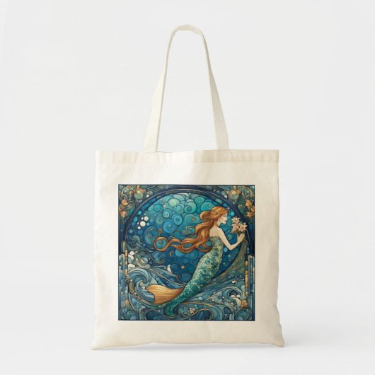 Mooie Zeemeermin Art Nouveau Art Deco Stijl Blauw Tote Bag (Voorkant)