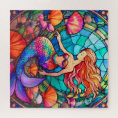 Mooie zeemeermin gebrandschilderd glas kunst puzze legpuzzel (Horizontaal)