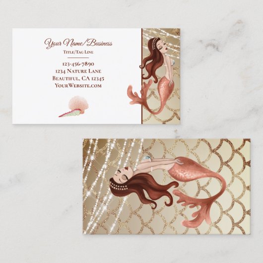 Mooie Zeemeermin in Roos Goud met Zeeschelpen Visitekaartje (Voorkant / Achterkant)
