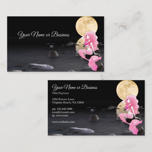 Mooie Zeemeermin in roze met volle maan Visitekaartje (Voorkant / Achterkant)