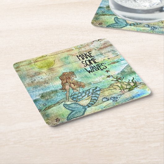 Mooie zeemeermin maakt wat golven papier Onderzett Kartonnen Onderzetters (Schuin)