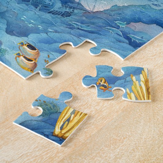 Mooie zeemeermin, vis en scheepswrak legpuzzel (Zijkant)