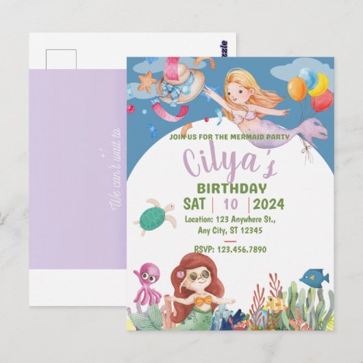 Mooie zeemeermin waterverf verjaardagsuitnodiging briefkaart (Voorkant / Achterkant)