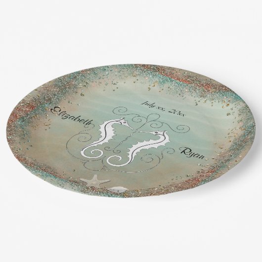 Mooie Zeepaarden, Strand Huwelijk, Schelpen Papieren Bordje (Gekanteld)