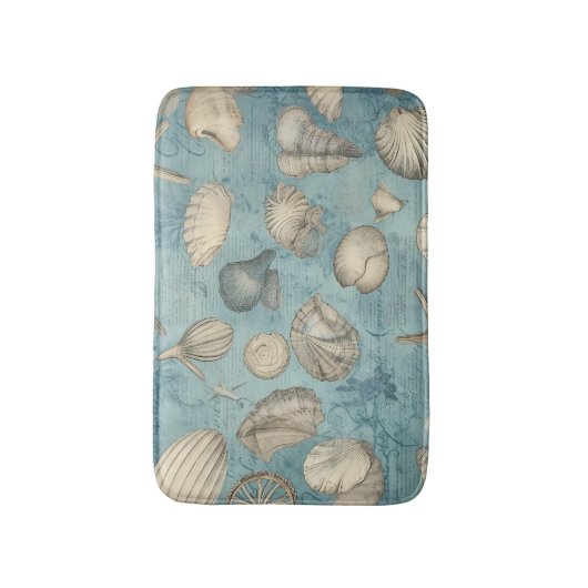 Mooie zeeschelpen in blauw badmat (Voorkant Verticaal)