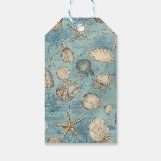 Mooie  zeeschelpen in blauw cadeaulabel (Voorkant)