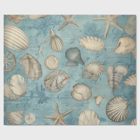 Mooie  zeeschelpen in blauw cadeaupapier (Vlak)