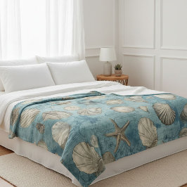 Mooie  zeeschelpen in blauw fleece deken