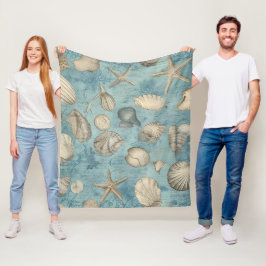 Mooie  zeeschelpen in blauw fleece deken