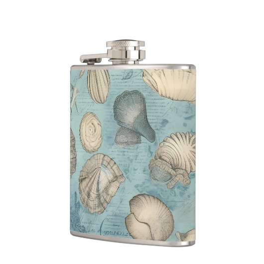 Mooie  zeeschelpen in blauw heupfles (Links)