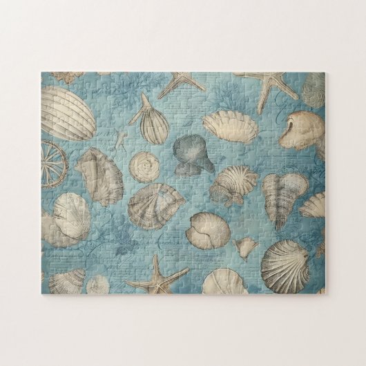 Mooie  zeeschelpen in blauw legpuzzel (Horizontaal)