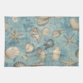 Mooie zeeschelpen in blauw theedoek (Horizontaal)