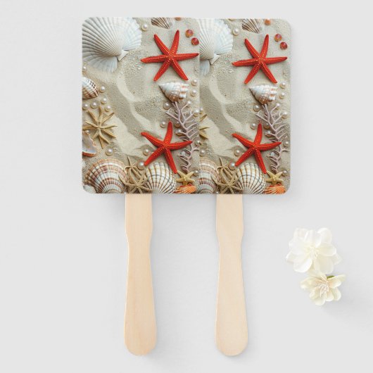 Mooie zeeschelpen Rode zeesterren Parels Strand Handwaaier (Voorkant en achterkant)