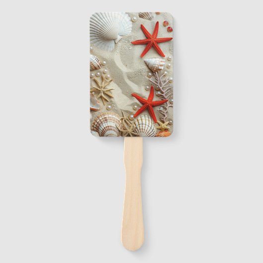 Mooie zeeschelpen Rode zeesterren Parels Strand Handwaaier (Voorkant)