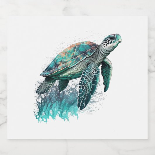 Mooie zeeslaan met een grote Zee schildpad Sparkling Wijnetiket (Enkel label)