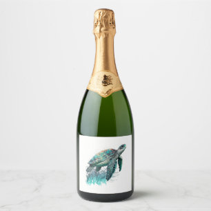 Mooie zeeslaan met een grote Zee schildpad Sparkling Wijnetiket