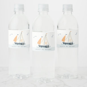 Mooie Zeevaart Blauwe Zeilboot Pastel Kinderverjaa Waterfles Etiket