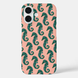 Mooie Zeevaart Teal en Koraal Zeepaardjes Patroon iPhone 16 Hoesje