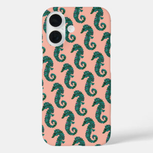 Mooie Zeevaart Teal en Koraal Zeepaardjes Patroon iPhone 16 Hoesje