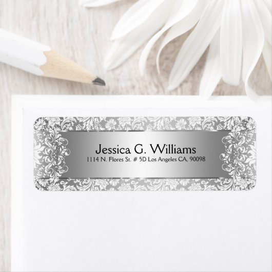 Mooie zilver grijze en witte Damasvaten en kant Etiket (Insitu)