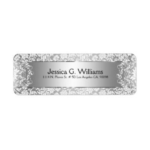 Mooie zilver grijze en witte Damasvaten en kant Etiket