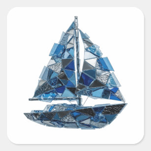 Mooie zilveren BLAUWE GLASEN ZEILBOOT Ambachtelijk Vierkante Sticker