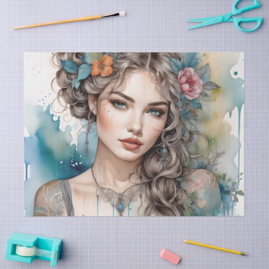 Mooie zilveren haired vrouw decoupage meubels tissuepapier (Craft)