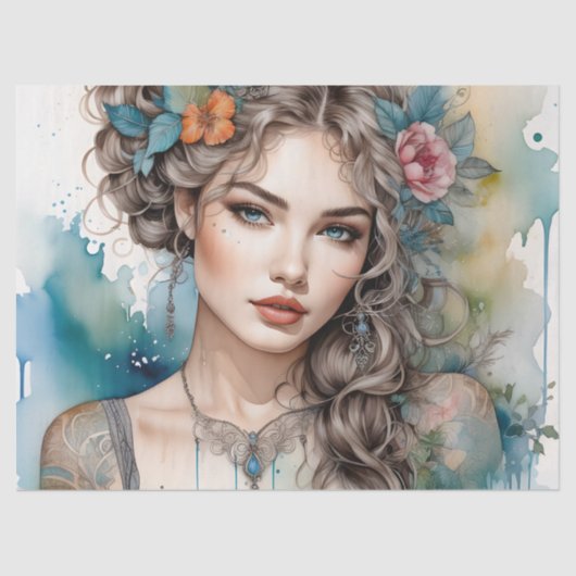 Mooie zilveren haired vrouw decoupage meubels tissuepapier (Voorkant)