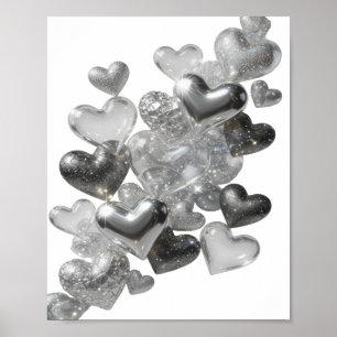 Mooie Zilveren HARTEN VAN GLAS Design Poster