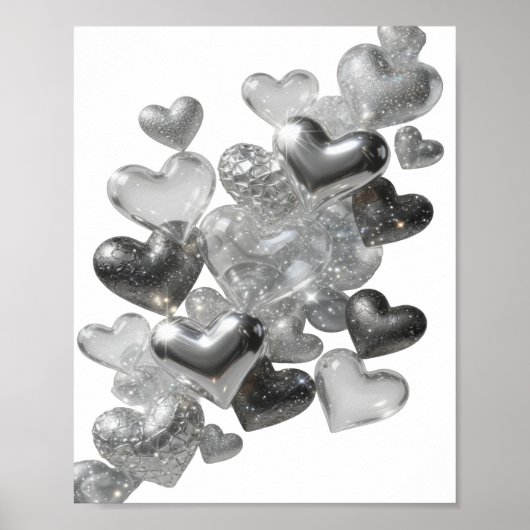 Mooie Zilveren HARTEN VAN GLAS Design Poster (Voorkant)