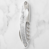 Mooie Zilveren Marmer Monogram Ombre Glitterscript Kurkentrekker (Achterkant)