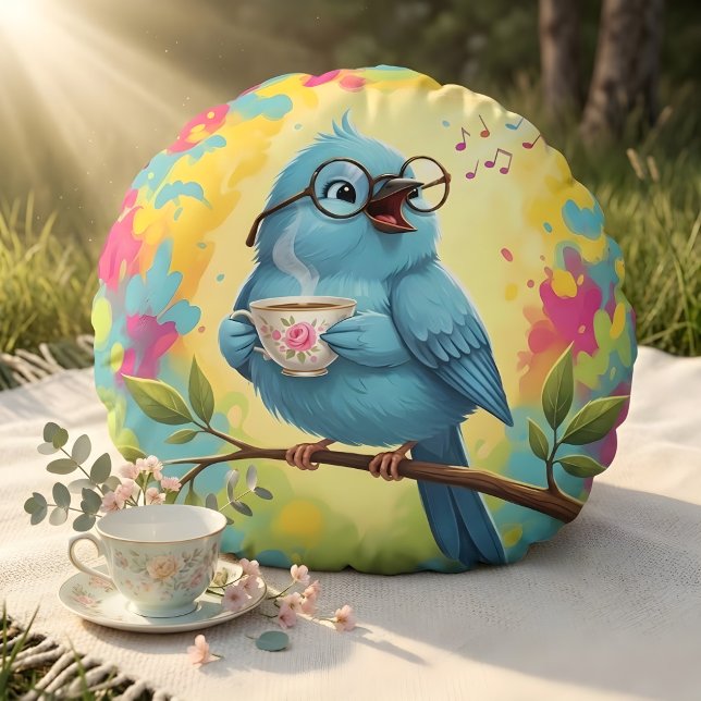 Mooie zingende blauwe vogel ronde kussen  (Creator heeft geüpload)