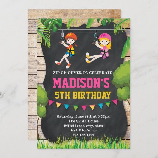 Mooie zip line uitnodiging (Voorkant / Achterkant)