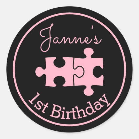 Mooie zoete roze zwarte puzzels ronde sticker (Voorkant)